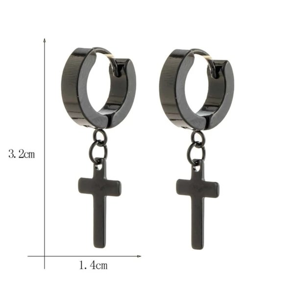 Stainless Steel Cross Drop Dangle Hoop Earrings Black Men Women NWT - Picture 3 of 4